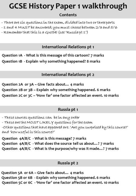 GCSE History Paper 1 walkthrough Question 1A - What is this message of this cartoon? 7 marks Question 1B - Explain why something happened? 8 marks Contents.