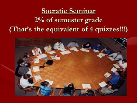 Socratic Seminar 2% of semester grade (That’s the equivalent of 4 quizzes!!!)