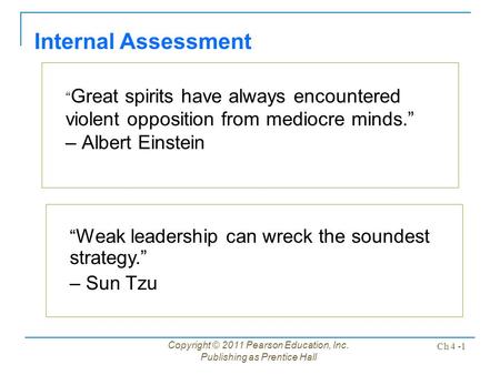 Copyright © 2011 Pearson Education, Inc. Publishing as Prentice Hall Ch 4 -1 “ Great spirits have always encountered violent opposition from mediocre minds.”