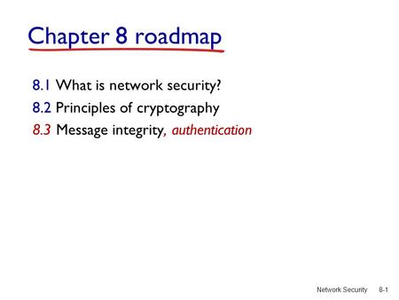 8-1Network Security Chapter 8 roadmap 8.1 What is network security? 8.2 Principles of cryptography 8.3 Message integrity, authentication.