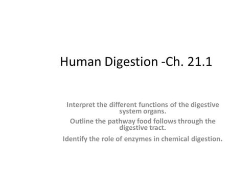 Human Digestion -Ch. 21.1 Section Objectives: Interpret the different functions of the digestive system organs. Outline the pathway food follows through.