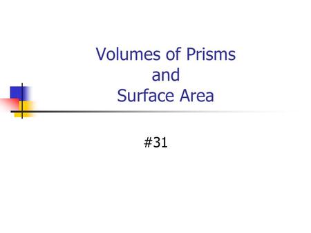 Volumes of Prisms and Surface Area #31. Vocabulary Volume is the number of cubic units needed to fill a space. V = lwh Ex:Volume is expressed in cubic.