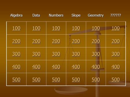 AlgebraDataNumbersSlopeGeometry?????? 100 200 300 400 500.