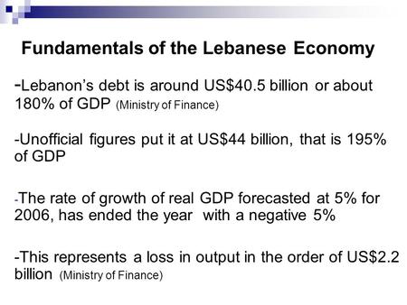 Fundamentals of the Lebanese Economy - Lebanon’s debt is around US$40.5 billion or about 180% of GDP (Ministry of Finance) -Unofficial figures put it at.