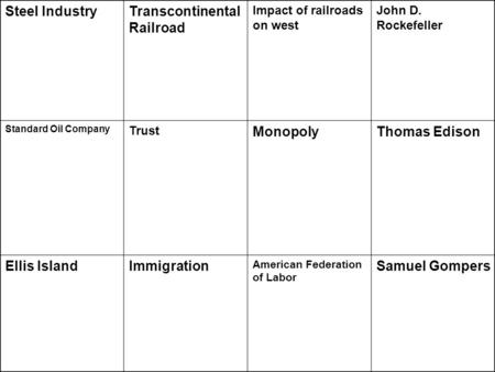 Steel IndustryTranscontinental Railroad Impact of railroads on west John D. Rockefeller Standard Oil Company Trust MonopolyThomas Edison Ellis IslandImmigration.