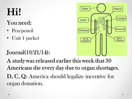 Hi! You need: Pen/pencil Unit 1 packet Journal(10/21/14): A study was released earlier this week that 30 Americans die every day due to organ shortages.