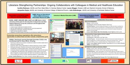 Librarians Strengthening Partnerships: Ongoing Collaborations with Colleagues in Medical and Healthcare Education Cynthia Robinson, AAHSL and Penn State.