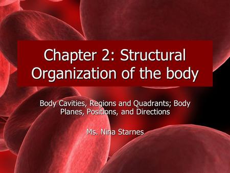 Body Cavities, Regions and Quadrants; Body Planes, Positions, and Directions Ms. Nina Starnes Chapter 2: Structural Organization of the body.