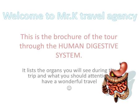 This is the brochure of the tour through the HUMAN DIGESTIVE SYSTEM. It lists the organs you will see during the trip and what you should attention, have.