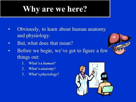 Why are we here? Obviously, to learn about human anatomy and physiology. But, what does that mean? Before we begin, we’ve got to figure a few things out: