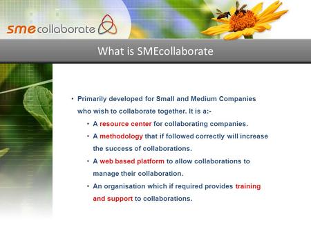 What is SMEcollaborate Primarily developed for Small and Medium Companies who wish to collaborate together. It is a:- A resource center for collaborating.