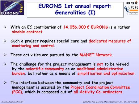 Alex C. Mueller, MANETEURONS PCC-Meeting, Mainz (Germany), 06.-07. April 2006 EURONS 1st annual report: Generalities (I)  With an EC contribution of 14,056,000.