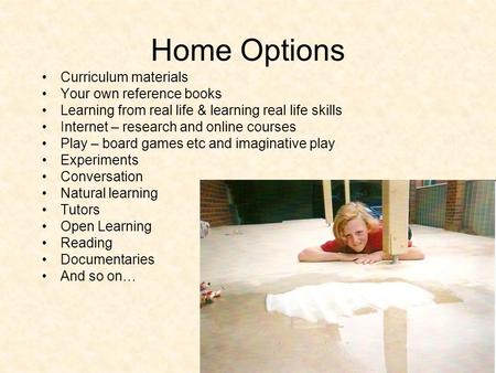 Home Options Curriculum materials Your own reference books Learning from real life & learning real life skills Internet – research and online courses Play.