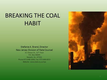 BREAKING THE COAL HABIT Stefanie A. Brand, Director New Jersey Division of Rate Counsel 31 Clinton St., 11 th Floor P.O. Box 46005 Newark, N.J. 07101 Phone:973-648-2690,