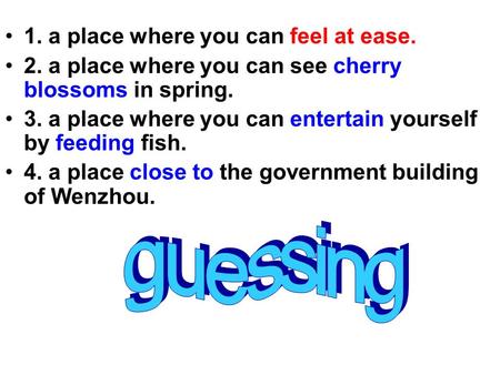 1. a place where you can feel at ease. 2. a place where you can see cherry blossoms in spring. 3. a place where you can entertain yourself by feeding fish.