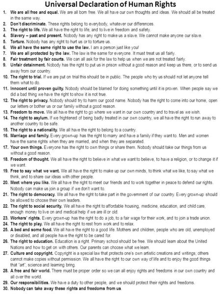 Universal Declaration of Human Rights 1. We are all free and equal. We are all born free. We all have our own thoughts and ideas. We should all be treated.