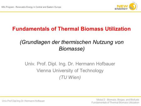 MSc Program - Renewable Energy in Central and Eastern Europe Univ.Prof.Dipl.Ing.Dr. Hermann Hofbauer Modul 2 - Biomass, Biogas, and Biofuels Fundamentals.