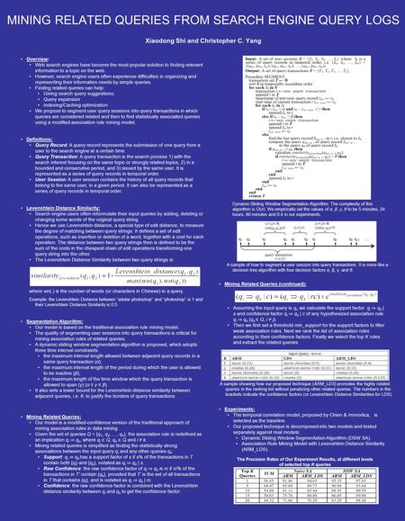 MINING RELATED QUERIES FROM SEARCH ENGINE QUERY LOGS Xiaodong Shi and Christopher C. Yang Definitions: Query Record: A query record represents the submission.