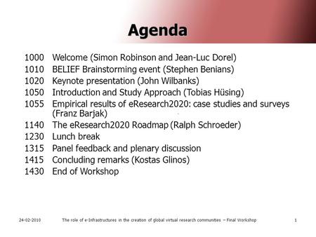 24-02-2010The role of e-Infrastructures in the creation of global virtual research communities – Final Workshop1 Agenda 1000 Welcome (Simon Robinson and.