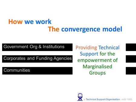 How we work The convergence model Government Org & Institutions Communities Corporates and Funding Agencies Providing Technical Support for the empowerment.