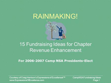 Courtesy of Craig Harrison’s Expressions of Excellence!™ CampNSA Fundraising Ideas www.ExpressionsOfExcellence.com Page 1 RAINMAKING! 15 Fundraising Ideas.