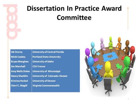 Dissertation In Practice Award Committee 1 Val Storey Micki Caskey Bryan Maughan Jim Marshall Amy Wells Dolan Nancy Shanklin Kristina Hesbol Cheri C. Magill.