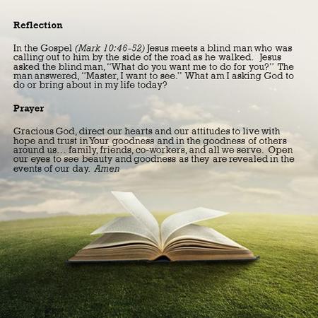 Reflection   In the Gospel (Mark 10:46-52) Jesus meets a blind man who was calling out to him by the side of the road as he walked.   Jesus asked the blind.