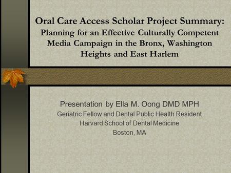 Oral Care Access Scholar Project Summary: Planning for an Effective Culturally Competent Media Campaign in the Bronx, Washington Heights and East Harlem.