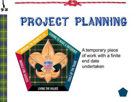 Project Planning 1 A temporary piece of work with a finite end date undertaken.