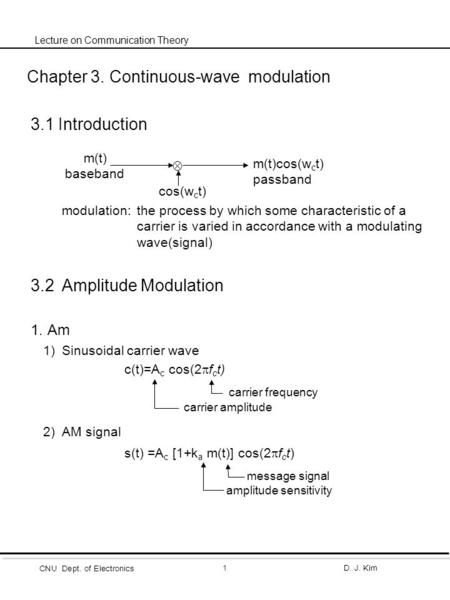 CNU Dept. of Electronics D. J. Kim1 Lecture on Communication Theory Chapter 3. Continuous-wave modulation 3.1 Introduction modulation:the process by which.