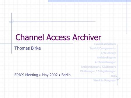 Channel Access Archiver EPICS Meeting May 2002 Berlin Thomas Birke Toolkit Structure Toolkit Components I/O Library ArchiveEngineArchiveManager ArchiveExport.