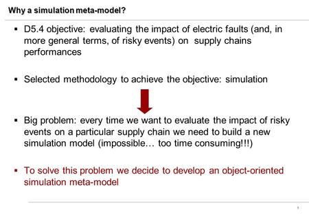 1 Why a simulation meta-model?  D5.4 objective: evaluating the impact of electric faults (and, in more general terms, of risky events) on supply chains.