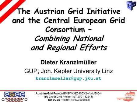 Austrian Grid Project (BMBWK GZ 4003/2-VI/4c/2004) EU CrossGrid Project (IST-2001-32243) EU EGEE Project (INFSO 508833) The Austrian Grid Initiative and.