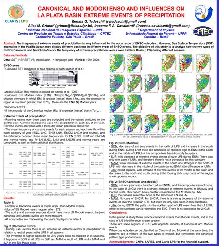 CANONICAL AND MODOKI ENSO AND INFLUENCES ON LA PLATA BASIN EXTREME EVENTS OF PRECIPITATION Renata G. Tedeschi 1 Alice M. Grimm.