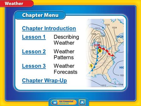 Chapter Menu Chapter Introduction Lesson 1Lesson 1Describing Weather Lesson 2Lesson 2Weather Patterns Lesson 3Lesson 3Weather Forecasts Chapter Wrap-Up.