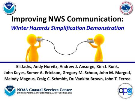 Improving NWS Communication: Winter Hazards Simplification Demonstration Eli Jacks, Andy Horvitz, Andrew J. Ansorge, Kim J. Runk, John Keyes, Somer A.