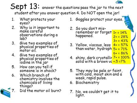 Sept 13: answer the questions pass the jar to the next student after you answer question 4. Do NOT open the jar! 1.What protects your eyes? 2.Why is it.