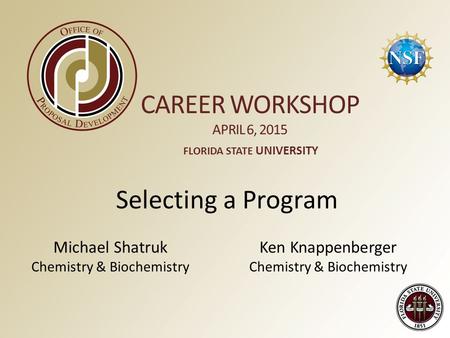 CAREER WORKSHOP APRIL 6, 2015 Selecting a Program Michael Shatruk Chemistry & Biochemistry FLORIDA STATE UNIVERSITY Ken Knappenberger Chemistry & Biochemistry.