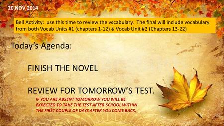 20 NOV 2014 Bell Activity: use this time to review the vocabulary. The final will include vocabulary from both Vocab Units #1 (chapters 1-12) & Vocab Unit.