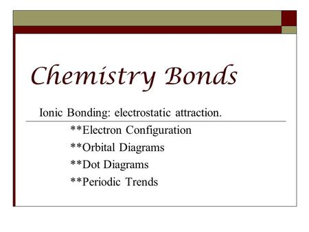 Chemistry Bonds Ionic Bonding: electrostatic attraction.