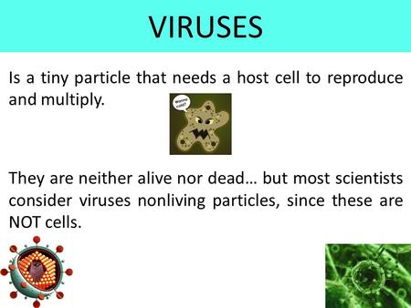 VIRUSES Is a tiny particle that needs a host cell to reproduce and multiply. They are neither alive nor dead… but most scientists consider viruses nonliving.