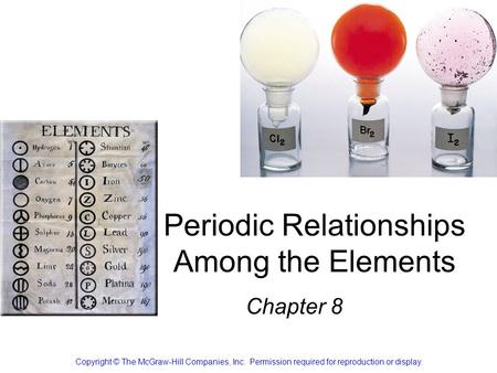 Periodic Relationships Among the Elements Chapter 8 Copyright © The McGraw-Hill Companies, Inc. Permission required for reproduction or display.