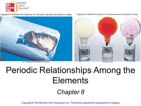 Periodic Relationships Among the Elements Chapter 8 Copyright © The McGraw-Hill Companies, Inc. Permission required for reproduction or display.