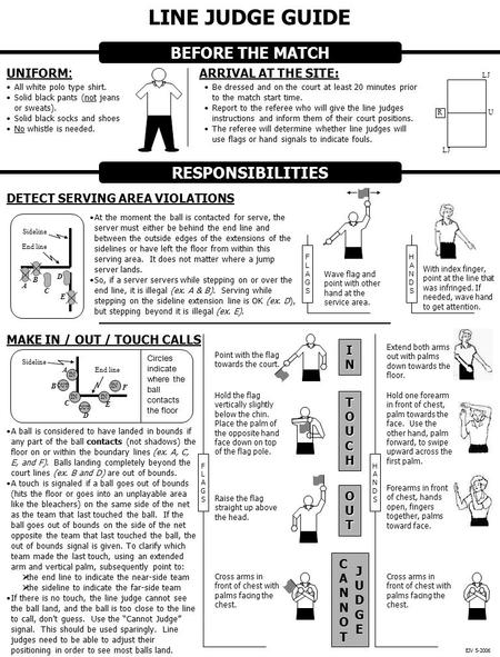 LINE JUDGE GUIDE BEFORE THE MATCH UNIFORM : All white polo type shirt. Solid black pants (not jeans or sweats). Solid black socks and shoes No whistle.