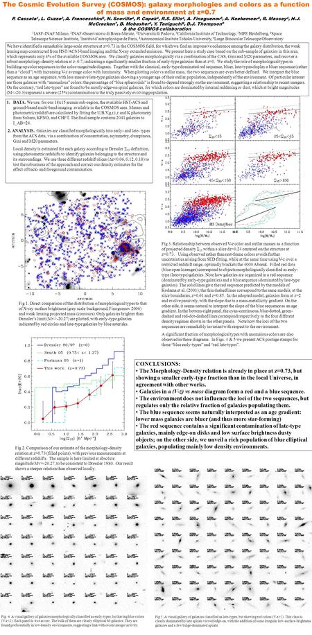 The Cosmic Evolution Survey (COSMOS): galaxy morphologies and colors as a function of mass and environment at z=0.7 P. Cassata 1, L. Guzzo 2, A. Franceschini.