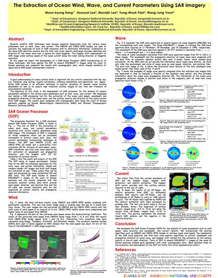 The Extraction of Ocean Wind, Wave, and Current Parameters Using SAR Imagery Moon-kyung Kang 1*, Hoonyol Lee 2, Moonjin Lee 3, Yong-Wook Park 4, Wang-Jung.