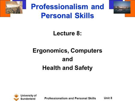 University of Sunderland Professionalism and Personal Skills Unit 8 Professionalism and Personal Skills Lecture 8: Ergonomics, Computers and Health and.