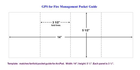 Template: matches fanfold pocket guide for ArcPad. Width: 14”; height: 5 ½”. Each panel is 3 ½”. GPS for Fire Management Pocket Guide 14” 5 1/2” 3 1/2”