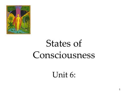 1 States of Consciousness Unit 6:. 2 Waking Consciousness A. Our awareness of ourselves and our environments B.Occurs in varies states 1.Normal- seeing,