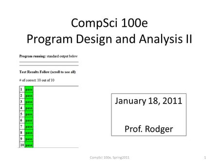 CompSci 100e Program Design and Analysis II January 18, 2011 Prof. Rodger CompSci 100e, Spring20111.